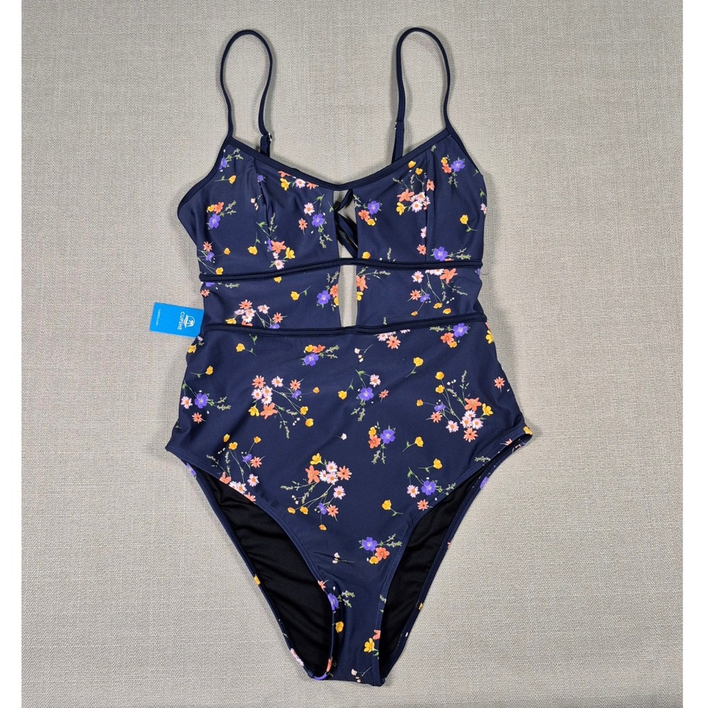 Cupshe Womens XL Navy Blue Floral Scoop Neck One Piece Swimsuit NWT